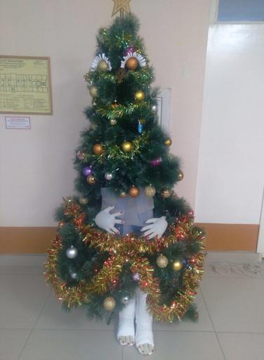 В больнице Копейска установили елку в гипсе и с педикюром
